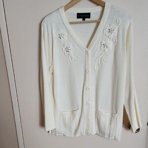 La Madona Women's Cream V-Neck Sweater with Floral Embroidery